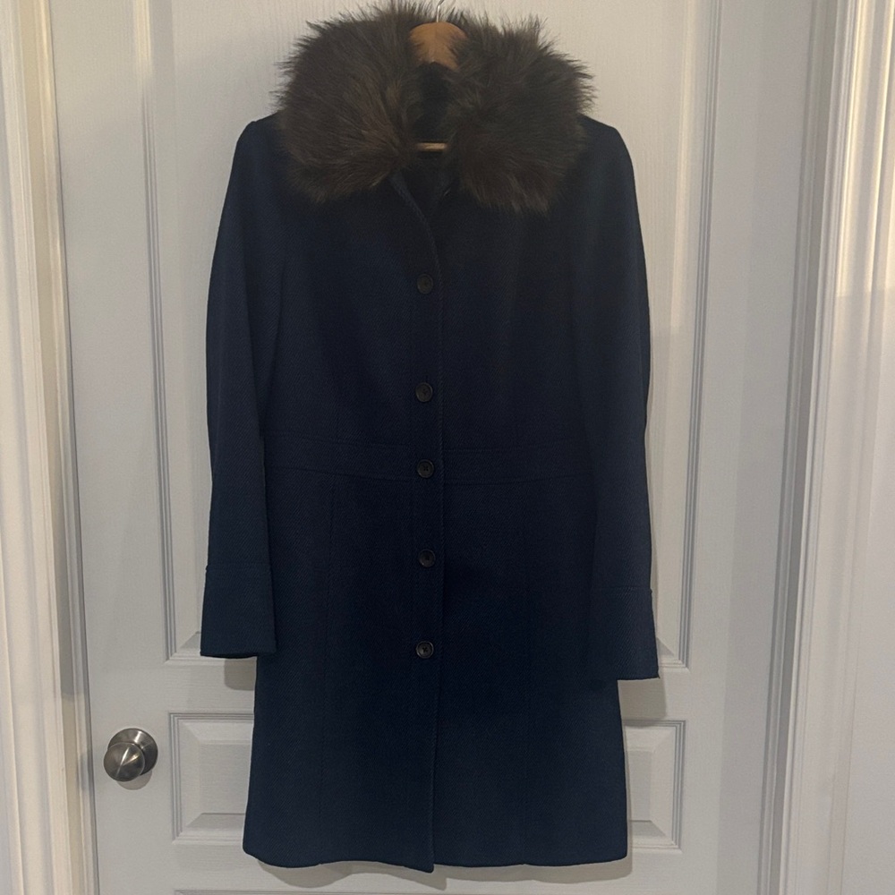 Banana Republic Dark Blue Pea Coat with Faux Fur Collar